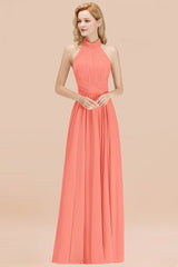 High Neck Pleated Chiffon Dusty Pink Bridesmaid Dress