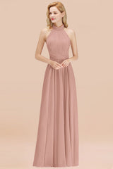 High Neck Pleated Chiffon Dusty Pink Bridesmaid Dress