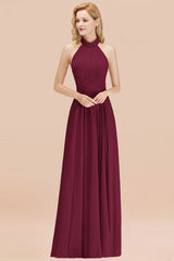 High Neck Pleated Chiffon Dusty Pink Bridesmaid Dress