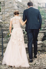A-line V-neck Sleeveless Floor-Length Wedding Dress with Lace