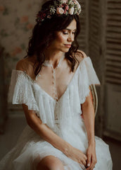 High Split A-Line See-through Short Sleeves Ruffle Tulle Wedding Brides Dress