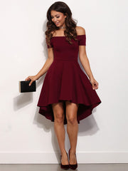 A Line Off Shoulder High Low Burgundy Short Prom Dress, High Low Formal Dress, Burgundy Graduation Dress, Homecoming Dress