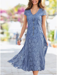 Sheath / Column Mother of the Bride Dress Wedding Guest Elegant Party Petite V Neck Tea Length Lace Short Sleeve with Pleats Solid Color
