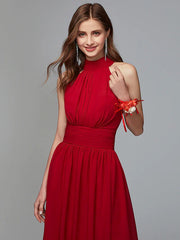 A-Line Bridesmaid Dress High Neck Sleeveless Furcal Floor Length Chiffon with Pleats / Split Front