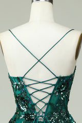 A Line Spaghetti Straps Dark Green Corset Prom Dress with Appliques Beautiful