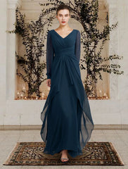 A-Line Mother of the Bride Dress Wedding Guest Elegant Plus Size V Neck Floor Length Chiffon Long Sleeve with Ruched Ruffles Side-Draped dress Solid Color