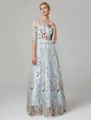 A-Line Evening Gown Party Dress Floral Dress Holiday Wedding Guest Floor Length 3/4 Length Sleeve Illusion Neck Lace with Embroidery 2025