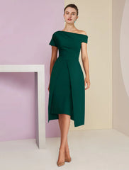 Aimishang A-Line Sheath / Column Mother of the Bride Dress Formal Wedding Guest Elegant One Shoulder Tea Length Sequined Stretch Fabric Short Sleeve with Solid Color