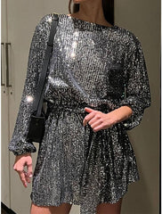 Women's Sequin Dress Party Dress Homecoming Dress Mini Dress Silver Black White Long Sleeve Pure Color Lace up Fall Winter Autumn Crew Neck Red Valentines Dress Winter Dress Valentine's Day Wedding