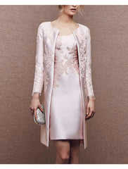 Two Piece Sheath / Column Mother of the Bride Dress Fall Wedding Guest Dresses Church Plus Size Elegant Scoop Neck Knee Length Satin Lace Sleeveless Wrap Included Jacket Dresses with Appliques