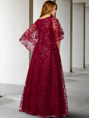Aimishang A-Line Mother of the Bride Dress Plus Size Hide Belly Elegant Jewel Neck Floor Length Lace Half Sleeve No with Sequin Appliques