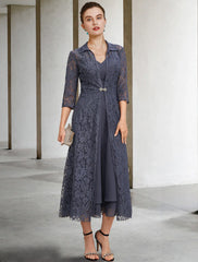 Aimishang  A-Line Mother of the Bride Dress Elegant V Neck Tea Length Chiffon Lace Sleeveless Jacket Dresses with Tier Solid Color