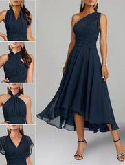 Aimishang A-Line Blue Wedding Guest Dresses Convertible Infinity Mother Dress Formal Tea Length Sleeveless One Shoulder Chiffon with Ruched