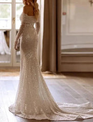Aimishang Formal Wedding Dresses Mermaid / Trumpet Off Shoulder Long Sleeve Chapel Train Sequined Bridal Gowns With Pleats Solid Color