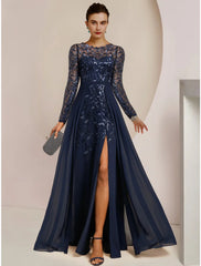 Aimishang A-Line Mother of the Bride Dress Wedding Guest Elegant Jewel Neck Floor Length Chiffon Lace Sequined Long Sleeve with Split Front Ruching Solid Color
