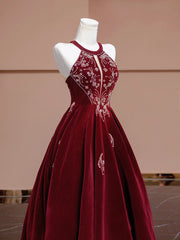 A-Line Velvet Beads Burgundy Long Prom Dress, Burgundy Long Formal Dress