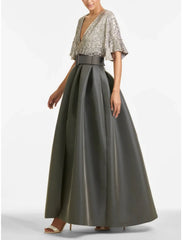 A-Line Evening Gown Sparkle & Shine Dress Formal Wedding Guest Ankle Length Half Sleeve V Neck Satin with Glitter Pleats 2025