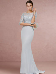 Aimishang Sheath / Column Mother of the Bride Dress Wedding Guest Vintage Elegant Scoop Neck Sweep / Brush Train Chiffon Lace Half Sleeve with Sequin