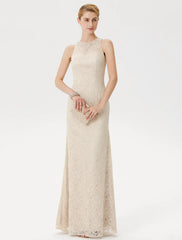Sheath / Column Mother of the Bride Dress Elegant See Through Illusion Neck Floor Length Lace Sleeveless with Crystals Beading