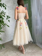 Champagne Tulle Prom Dress with Pockets Flower Appliqued Maxi Dress SD1441