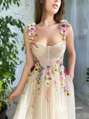 Champagne Tulle Prom Dress with Pockets Flower Appliqued Maxi Dress SD1441