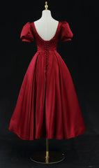 Red Satin Midi Prom Dresses with Short Puffed Sleeves, Pockets & Corset Back SD1392