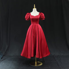 Red Satin Midi Prom Dresses with Short Puffed Sleeves, Pockets & Corset Back SD1392