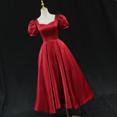 Red Satin Midi Prom Dresses with Short Puffed Sleeves, Pockets & Corset Back SD1392