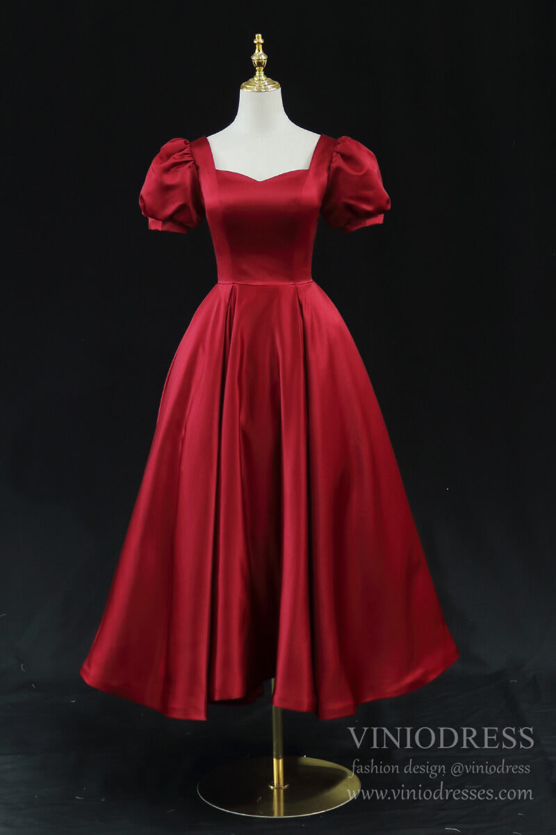 Red Satin Midi Prom Dresses with Short Puffed Sleeves, Pockets & Corset Back SD1392
