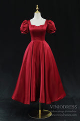 Red Satin Midi Prom Dresses with Short Puffed Sleeves, Pockets & Corset Back SD1392