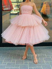 Strapless Tea Length Blush Pink Prom Dresses Layered Tulle Hoco Dress SD1241B
