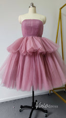Strapless Tea Length Blush Pink Prom Dresses Layered Tulle Hoco Dress SD1241B