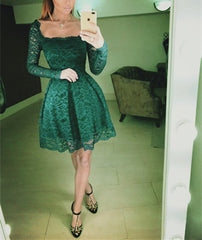 Emerald Green Lace Homecoming Dresses Long Sleeves Prom Short Dresses