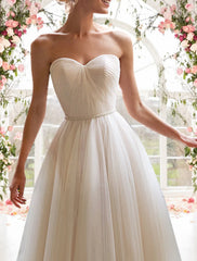 Wholesale Reception Little White Dresses Wedding Dresses A-Line Sweetheart Strapless Tea Length Tulle Bridal Gowns With Sashes / Ribbons Pleats
