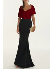 Mermaid Black Dress Evening Gown Elegant Dress Formal Fall Sweep / Brush Train Short Sleeve Off Shoulder Belt / Sash Satin with Pleats