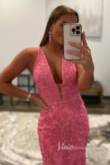 Hot Pink Lace Appliqued Mermaid Prom Dresses Plunging V-neck FD1250H