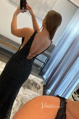 Hot Pink Lace Appliqued Mermaid Prom Dresses Plunging V-neck FD1250H