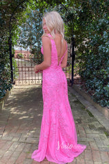 Hot Pink Lace Appliqued Mermaid Prom Dresses Plunging V-neck FD1250H