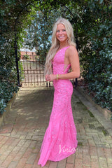 Hot Pink Lace Appliqued Mermaid Prom Dresses Plunging V-neck FD1250H