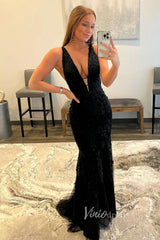 Hot Pink Lace Appliqued Mermaid Prom Dresses Plunging V-neck FD1250H