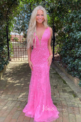 Hot Pink Lace Appliqued Mermaid Prom Dresses Plunging V-neck FD1250H