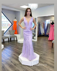 Hot Pink Lace Appliqued Mermaid Prom Dresses Plunging V-neck FD1250H