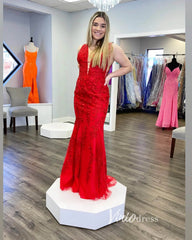 Hot Pink Lace Appliqued Mermaid Prom Dresses Plunging V-neck FD1250H