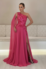One-Shoulder Sleeveless Chiffon Evening Dresses Long with Side Slit