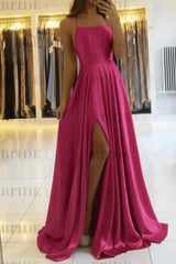 Simple Prom Dress Long With Spaghetti Straps Front Slit Satin Evening Dress