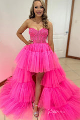 Hot Pink Ruffle High-Low Prom Dresses Lace Applique Strapless Formal Dress FD3530