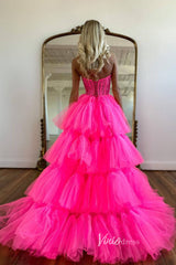 Hot Pink Ruffle High-Low Prom Dresses Lace Applique Strapless Formal Dress FD3530