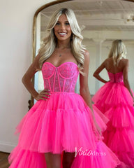 Hot Pink Ruffle High-Low Prom Dresses Lace Applique Strapless Formal Dress FD3530