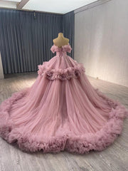 Hot Pink Ruffle Wedding Dresses Tulel Ball Gown Off the Shoulder Quinceanera Dress 241098