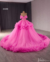 Hot Pink Ruffle Wedding Dresses Tulel Ball Gown Off the Shoulder Quinceanera Dress 241098